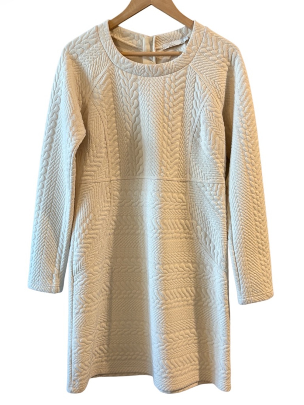 Prana  Macee Dress Textured Jacquard Knit Shift Sweater Dress L Cream Back Zip